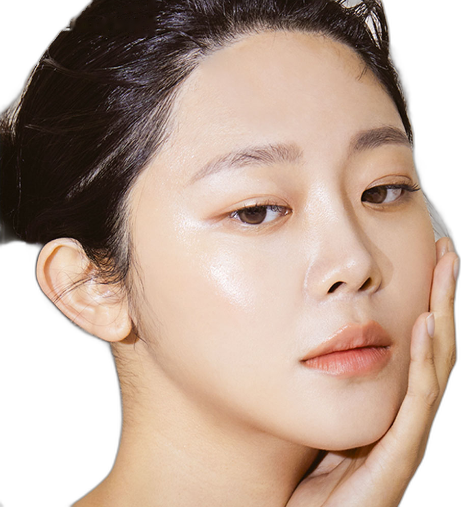 두 손으로 얼굴을 매만지는 모델: 동안 이마거상 시술 안내