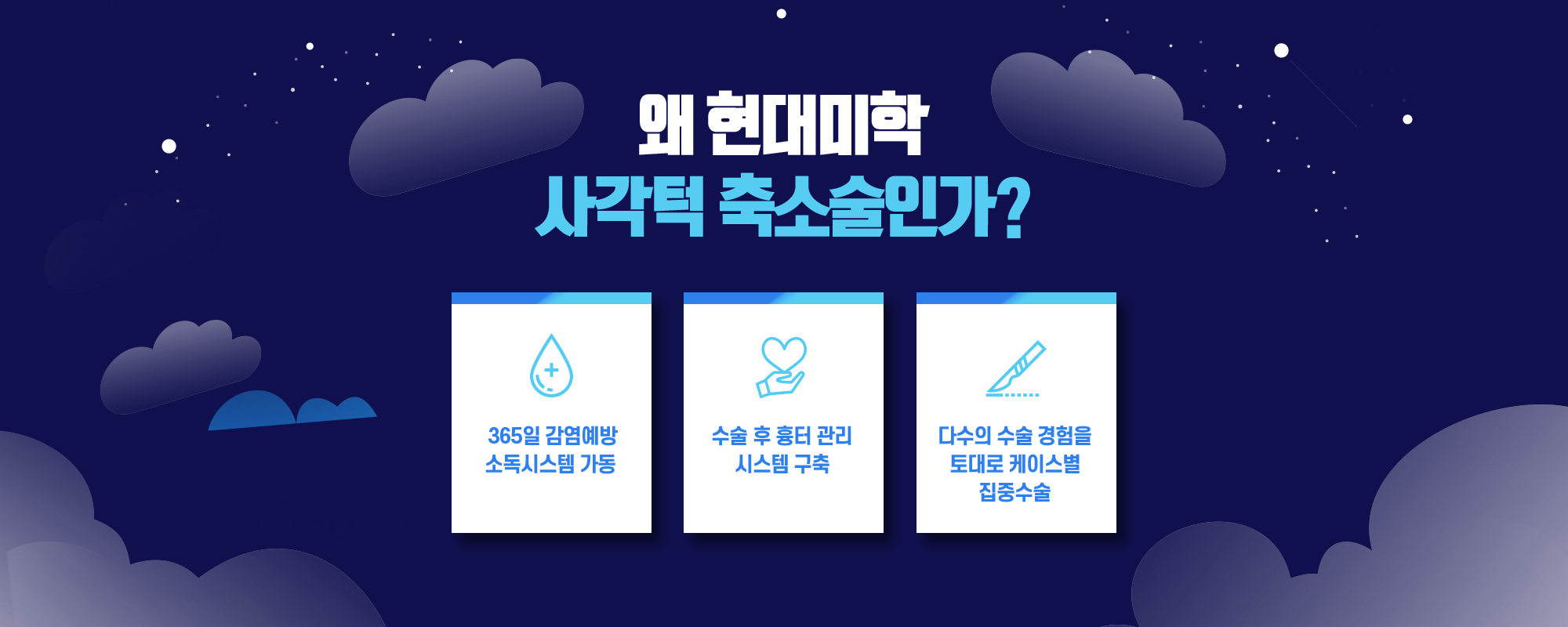 왜 현대미학 사각턱 축소술인가? — 365일 감염예방 소독시스템 가동, 수술 후 흉터 관리 시스템 구축, 다수의 수술 경험을 토대로 케이스별 집중수술