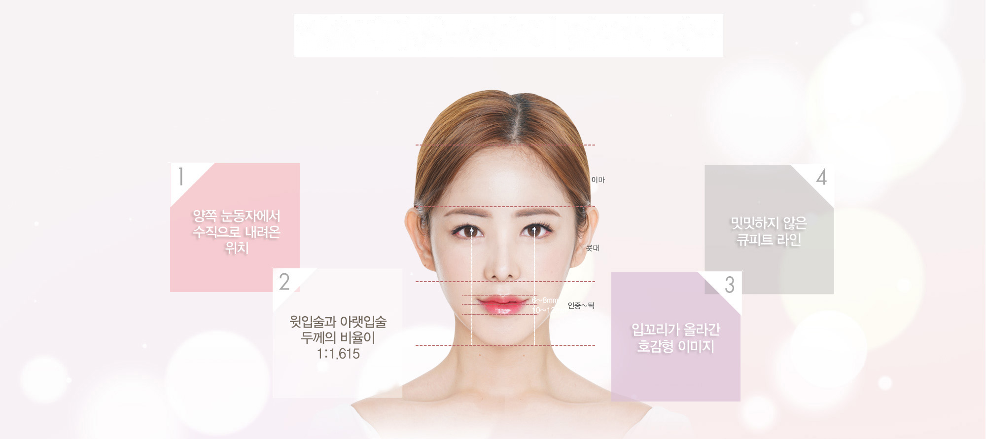 가장 이상적인 입술 황금비율 1:1.615 — 양쪽 눈동자에서 수직으로 내려온 위치, 윗입술과 아랫입술 두께 비율 1:1.615, 입꼬리가 올라간 호감형, 밋밋하지 않은 큐피트 라인
